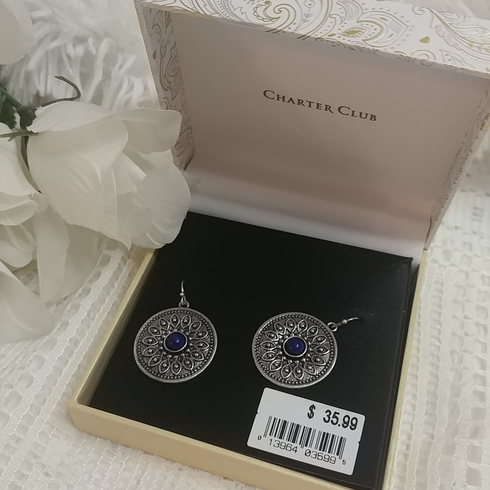 CHARTER CLUB Drop Earrings Silvertone w/ Blue Stones